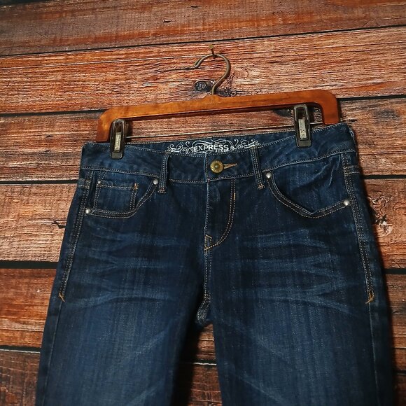 Express Jeans 2 Short Stella Boot Cut Low Rise Dark Wash Denim Stretch - Picture 4 of 8